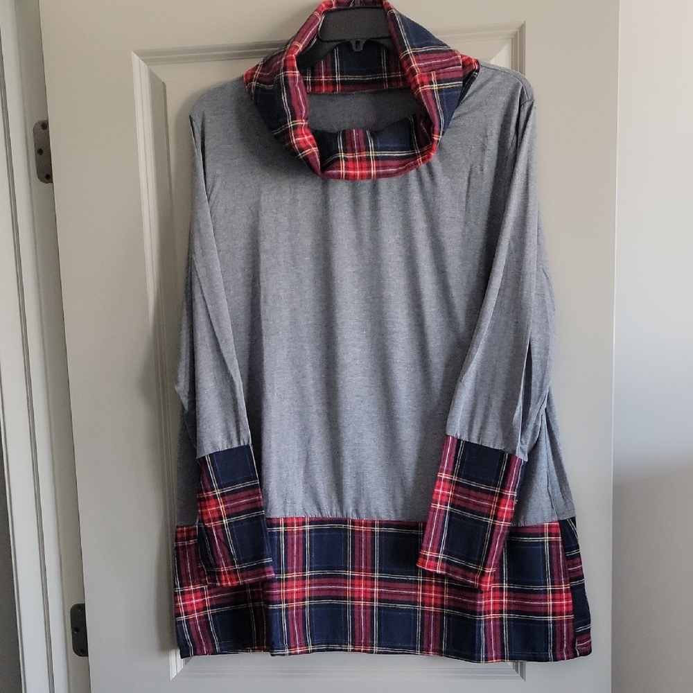 Gray Plaid Cowl Neck Top
